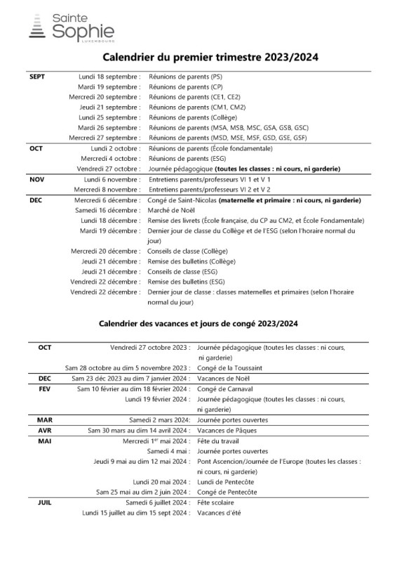 Calendrier scolaire École Privée NotreDame SainteSophie